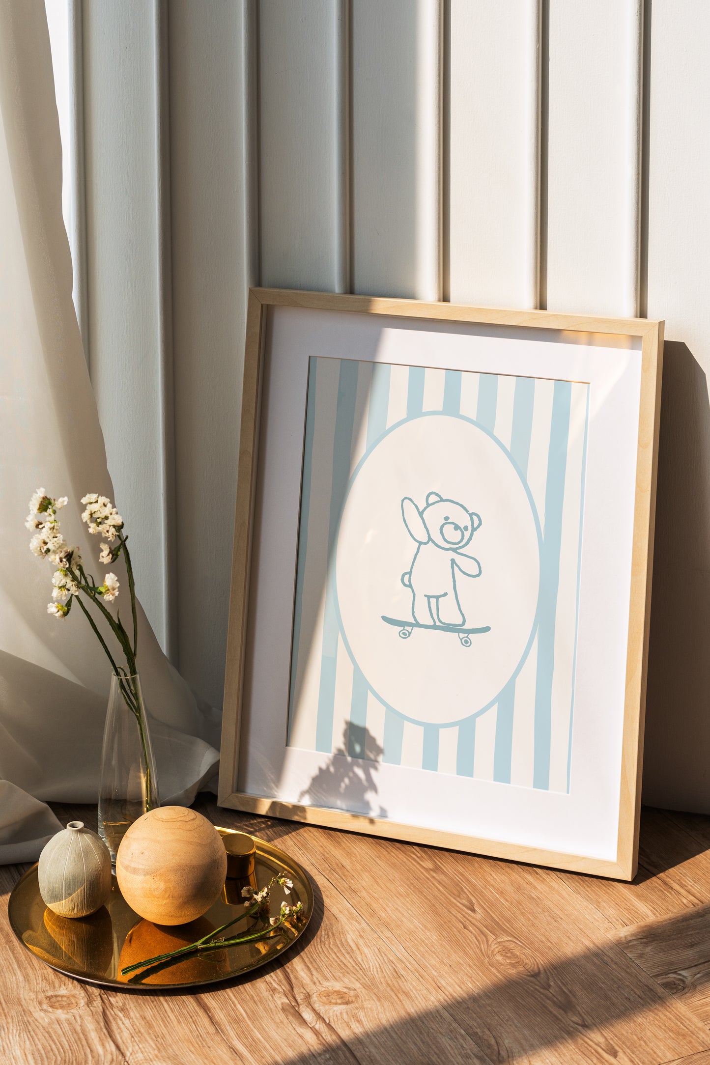 Blue stripe bear on skateboard