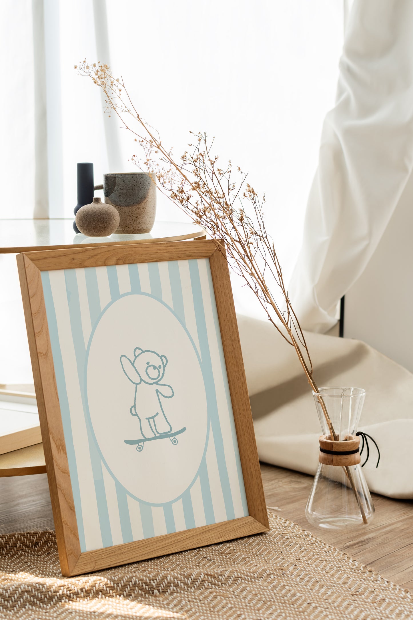 Blue stripe bear on skateboard